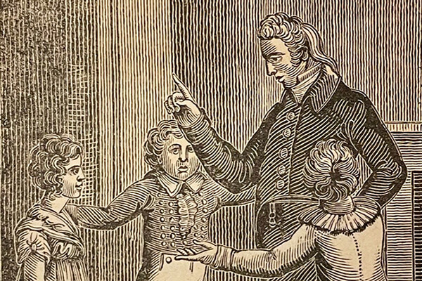 Woodcut print of a family in the 1800s.