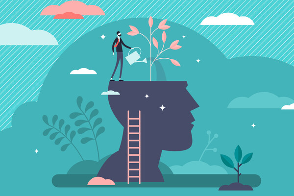 graphic of person tending to plants growing out of a person's head, suggesting a flourishing mind