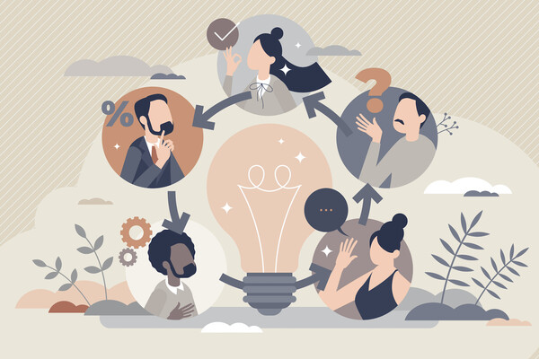 illustrated bubbles of five people exchanging questions and ideas