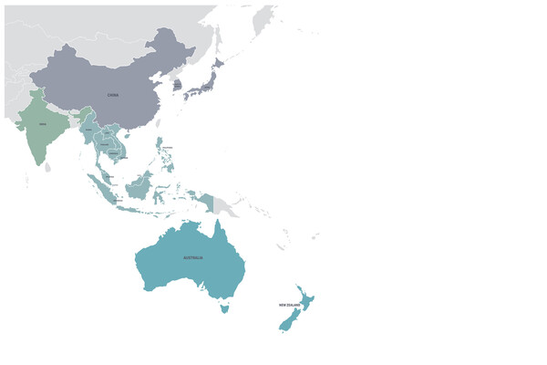 Map of the Info-Pacific region, including India, China, and Japan in the north, down to Australia and New Zealand in the south