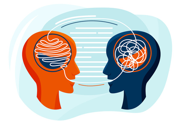 A cartoon drawing of two silhouetted heads facing each other, with lines to indicate speaking, moving from the mouths to the brains around in a circle.