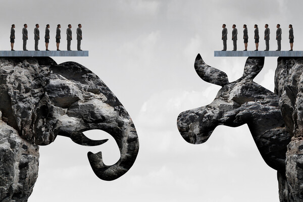 Two cliffs, the left is an elephant, the right is a donkey, with a line of people on top of each.