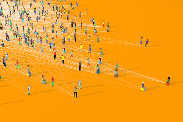 Humans spread out in groups, clusters, and individuals conveying varying degrees of connectivity.