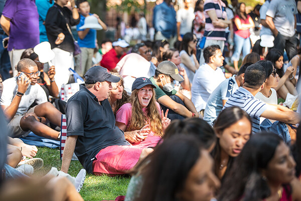 First-year students and families gather on the lawn on College Green to hear remarks from Penn President Liz Magill.