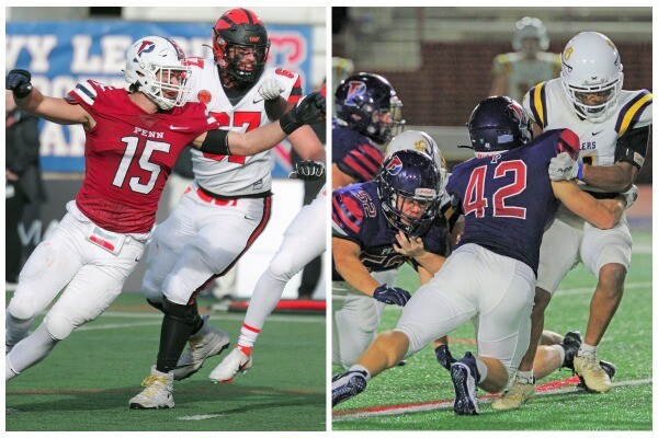 Jake Heimlicher, left, fights through offensive lineman to make a tackle; Charles Tauckus, at right, brings down a runner with a group of teammates.