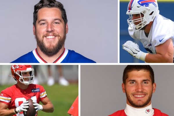 Top, a headshot of Greg Van Roten and an action shot of him blocking; bottom, an action shot of Justin Watson holding the ball and a headshot of Watson.