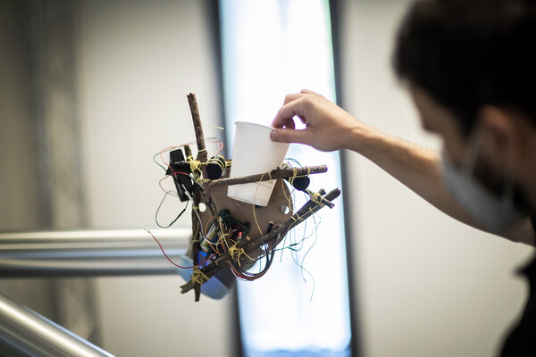 A person sticks a paper coffee cup inside some branches holding together the stickbot.