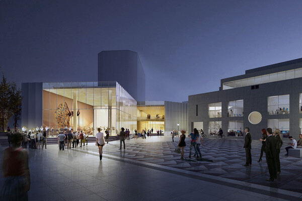 Rendering of a new plaza exterior at night.