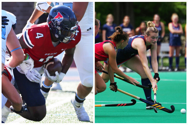 At right, Kendren Smith falls to the ground after causing a turnover. At right, Allison Kuzyk fights for the ball with her stick.