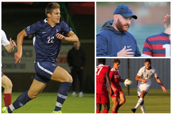 At left, Stas Korzeniowski runs down the field; top right: Coach Brian Gill speaks with a player; bottom right: defender Leo Burney kicks the ball between two defenders.