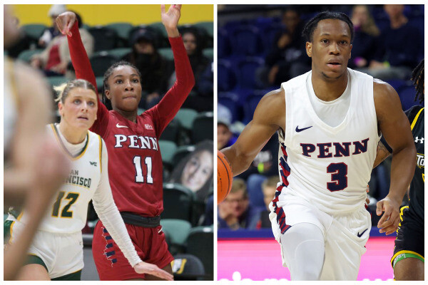 At left, Simone Sawyer holds up her follow through after shooting the ball. At right, Jordan Dingle dribbles the ball up the court.