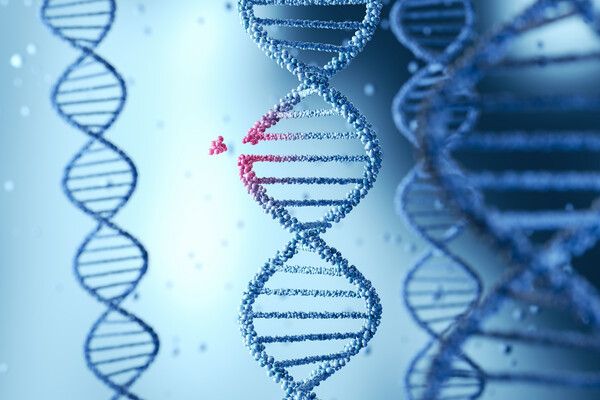 Microscopic view of a DNA chain with a genetic mutation.