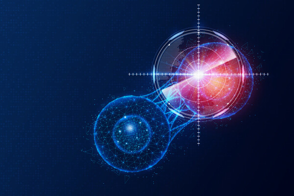 Microscopic rendering of t cells targeting a tumor cell with a target symbol.