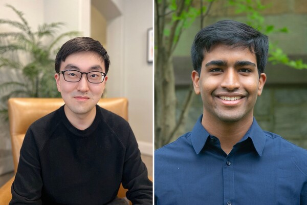 student Ryan Jeong sitting in a chair and student Arnav Lal standing outside