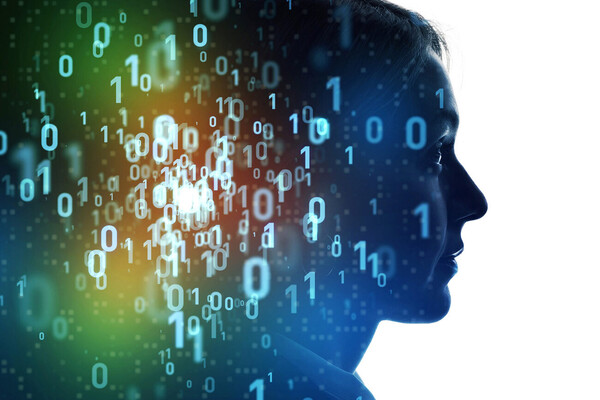 Profile of a human head with zeros and ones superimposed to imply thinking about algorithms.
