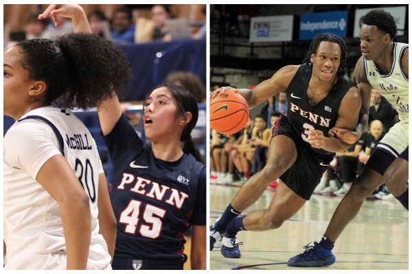 Kayla Padilla, left, holds up her follow through against Yale after shooting a shot. Jordan Dinge, right, dribbles to the basket while guarded by a Yale defender.