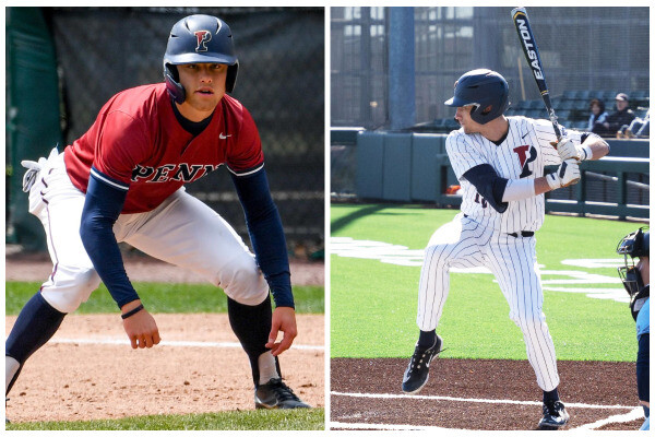 Seth Werchan, left, prepares to steal a base during a game. Davis Baker, right, prepares to swing at a pitch during a game.