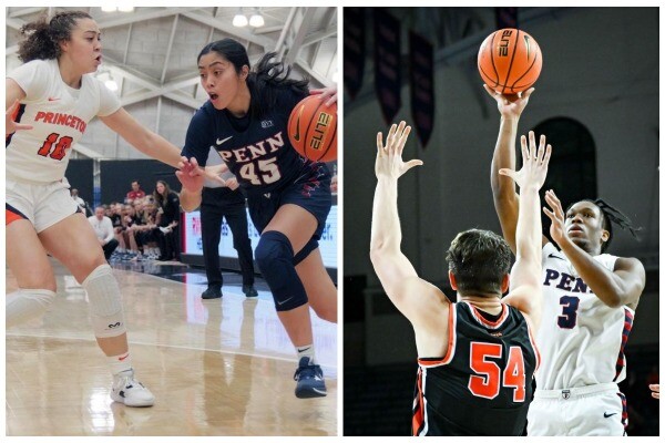 At left, Kayla Padilla drives to the basket against Princeton. At right, Jordan Dingle shoots a shot over a Princeton defender.