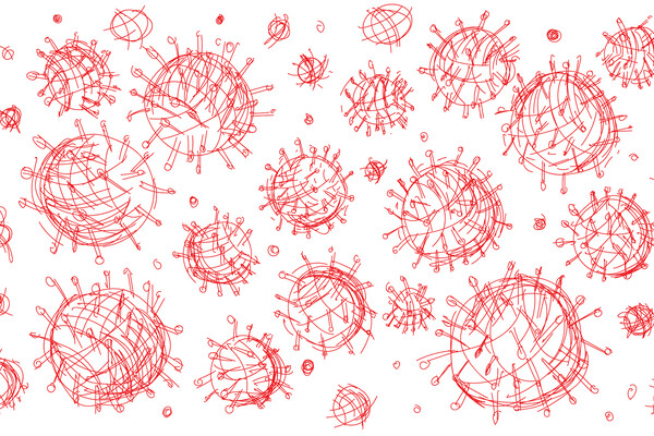 Illustration of COVID-19, made by drawing in red circular orbs with match-like objects sticking out around all of them.