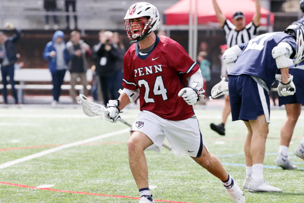 Ben Smith of the lacrosse team celebrates after scoring a goal against Yale at Franklin Field.