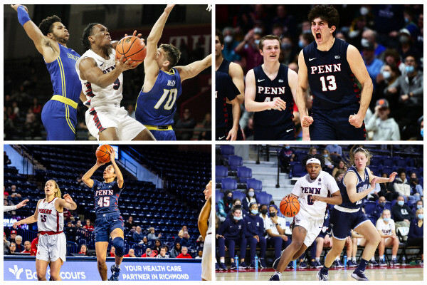 A collage showing Jordan Dingle shooting a shot, Nick Spinoso screaming, Kayla Padilla shooting a shot, and Jordan Obi driving to the basket.