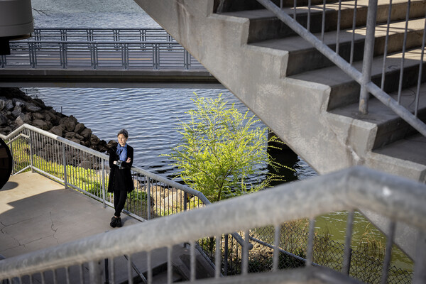 Sonja Dumpelmann on the staircase leading down to the Schuylkill River Trail