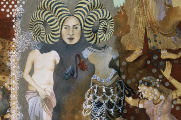 Detail of the painting “Pleasure Pillars” by Shahzia Sikander. 