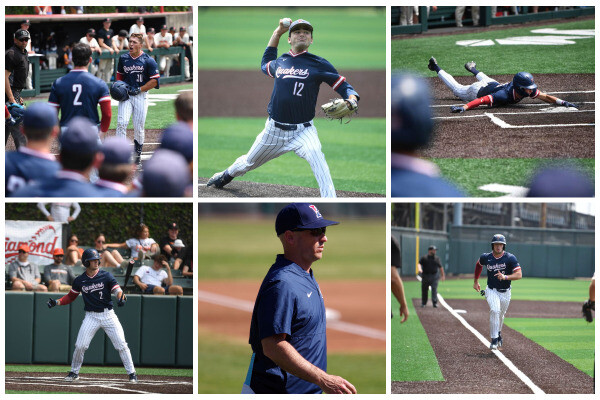A collage of Penn baseball players throwing the ball, sliding into home, preparing to hit, and running the bases.