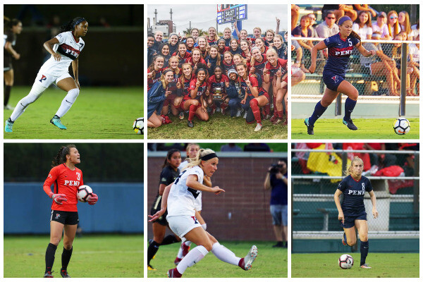 A grid showing members of the 2018 women's soccer team kicking the ball, holding the ball, running toward the ball, and celebrating their Ivy League co-championship.