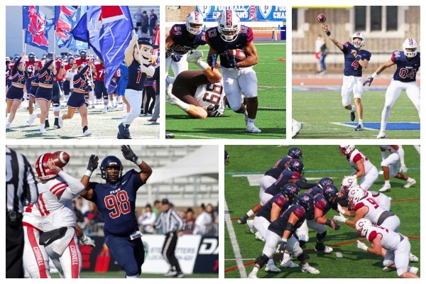 A grid shows the Penn Quaker and cheerleaders running onto the field with a flag and Penn football players running, throwing, blocking, and rushing the quarterback.