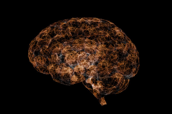 Abstract polygonal brain with connected dots and lines. Artificial intelligence 3d illustration.
