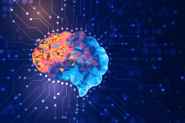 Rendering of a brain with signals insinuating AI and data.