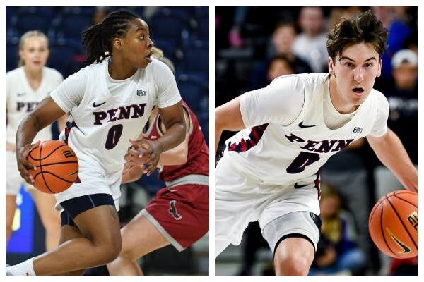 Jordan Obi, left, dribble the ball to the basketball. Clark Slajchert, right, dribbles the ball to the basket.