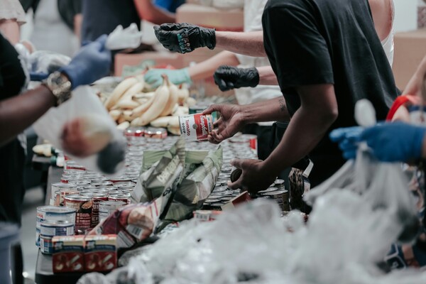 Volunteers organizing at a food drive