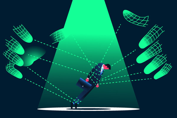 Digital hands manipulating by a man in the suit. Internet risks, artifical intelligence anxiety concept. 