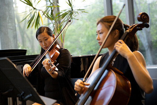 two people playing stringed instruments, a violin and a cello
