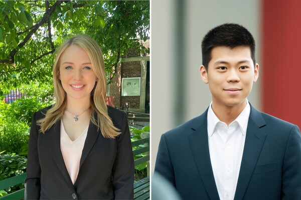 Amanda Howard standing outside with trees behind her and Joey Yang standing in front of a striped backdrop