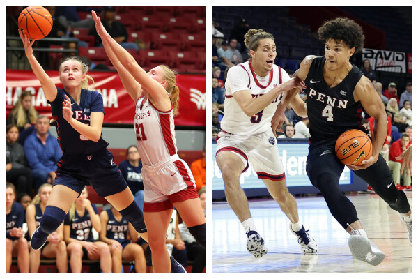 At left, third-year guard Stina Almqvist lays the ball up while a defender tries to block her shot. At right, first-year guard Tyler Perkins dribbles the ball to the basket.