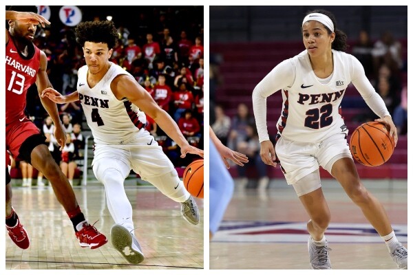 At left, Tyler Perkins dribbles to the basket against Harvard; at right, Mataya Gayle dribbles to the basket against Columbia.