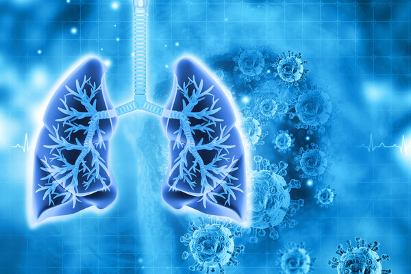 Artist's interpretation of human lungs and a virus.