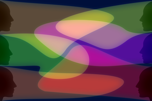 Artist rendering depiction of common sense: This image features an abstract representation of multiple silhouetted profiles facing each other against a background of overlapping, multicolored shapes, symbolizing the interplay and convergence of diverse perspectives and ideas. The interlocking colors and profiles suggest the complex, multifaceted nature of common sense.
