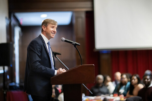 J. Larry Jameson at a podium during the MLK Day of Service.