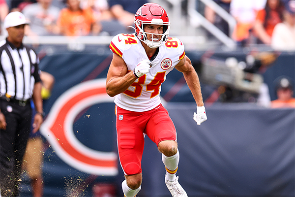 Justin Watson of the Kansas City Chiefs runs down the field during a game against the Chicago Bears.