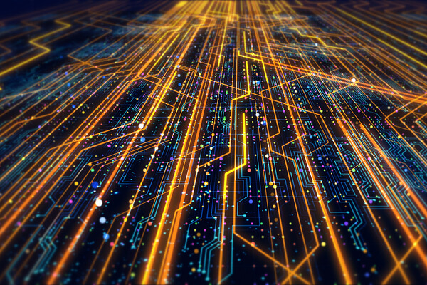 Lit-up lights on a computer chip.