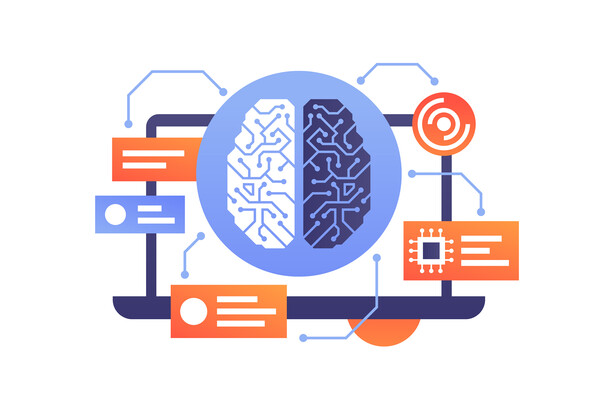 Artificial intelligence of modern technology represented by a brain in laptop.