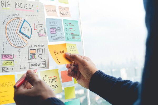 A person planning a big project with a board.