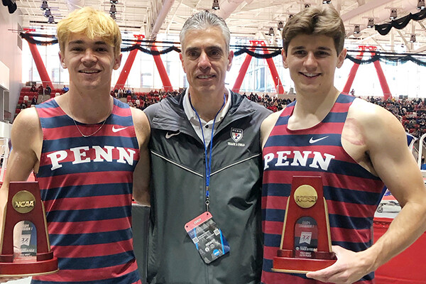 From left, pole vaulter James Rhoads, Assistant Director of Track & Field Joe Klim, and pole vaulter Scott Toney.
