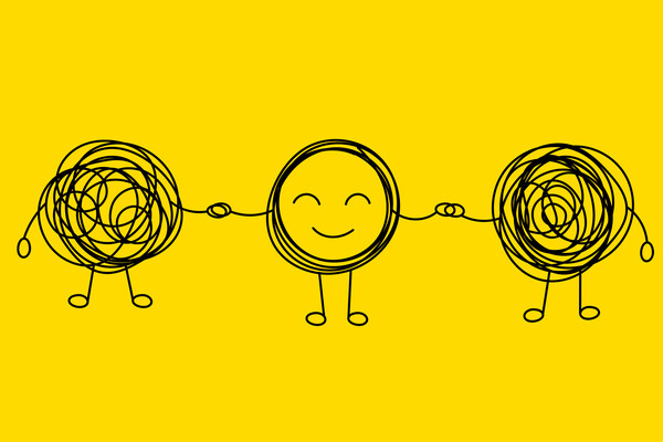 A minimalist drawing of a smiling stick figure with arms extended, connecting two scribbled balls, against a yellow background.
