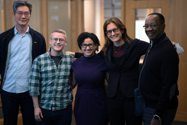 Mary Andrews (center)(L to R): Andy Tan, David Lydon-Staley, Emily Falk, and John B. Jemmott III.