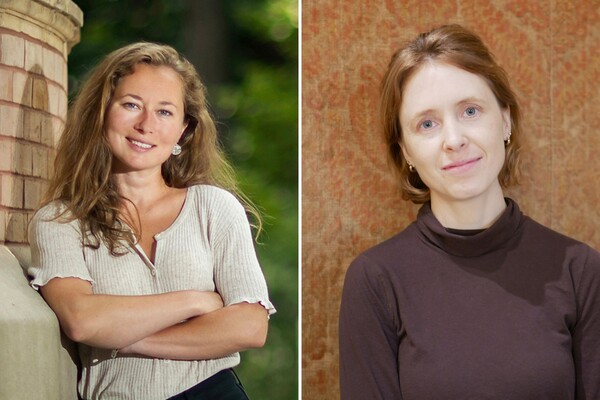 A spilt image shows Arielle Alterwaite in the left half, posing with arms crossed and leaving against the exterior of a brick building, and the right side shows Katherine Scahill looking at the camera against a wallpapered background of tan and dusty red print.
